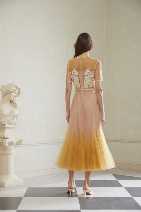 Aurohaya Despoina Yellow Floral Braided Tulle Midi Dress