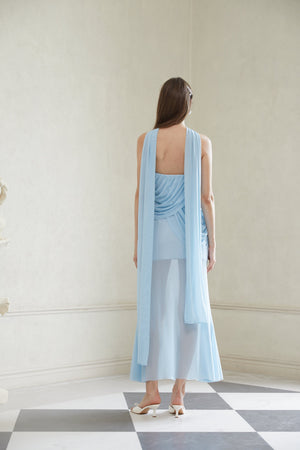 Aurohaya Gaia Blue Ruched Mesh Maxi Dress