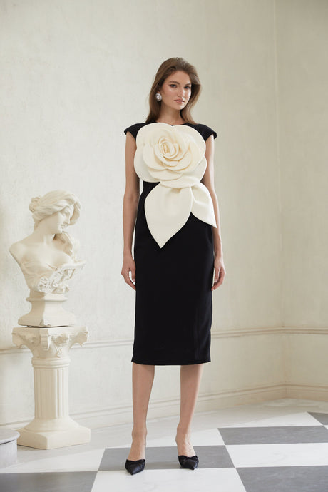 Aurohaya Aurélienne Black 3D Petal Pencil Midi Dress