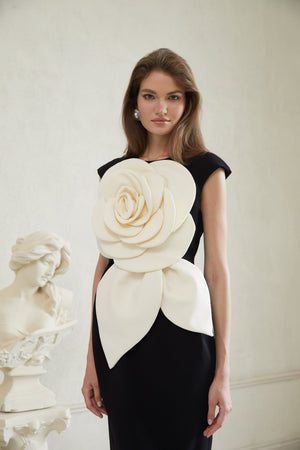 Aurohaya Aurélienne Black 3D Petal Pencil Midi Dress