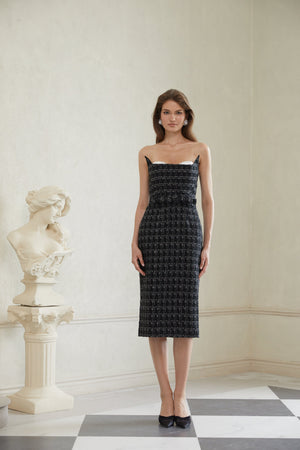 Aurohaya Rauha Black Plaid Weave Tweed Midi Dress