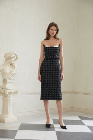 Aurohaya Rauha Black Plaid Weave Tweed Midi Dress