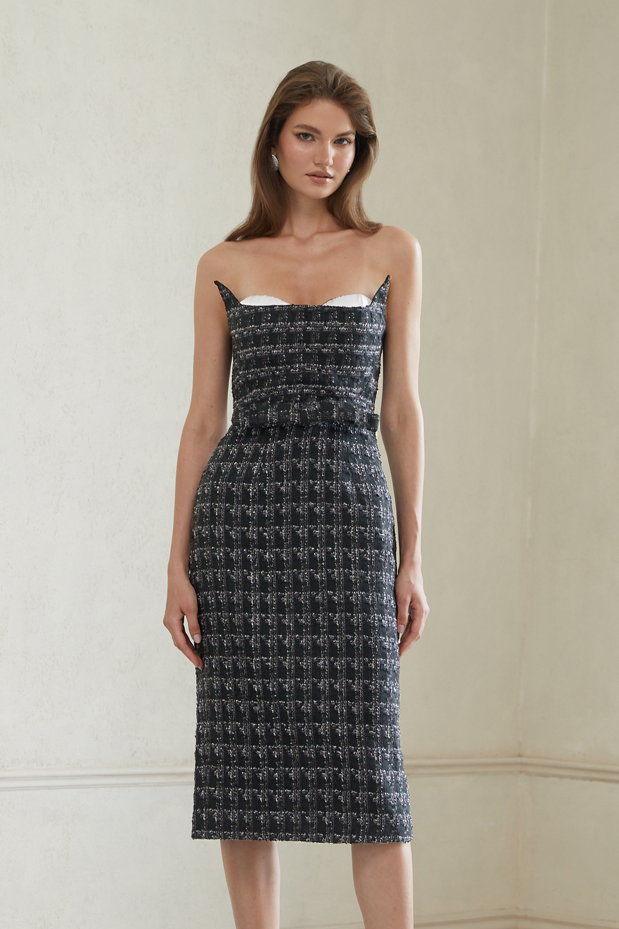 Aurohaya Rauha Black Plaid Weave Tweed Midi Dress