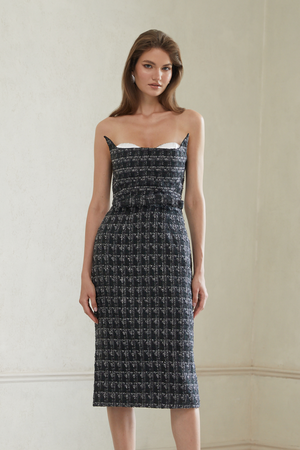 Aurohaya Rauha Black Plaid Weave Tweed Midi Dress