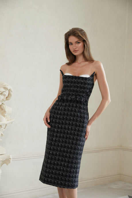 Aurohaya Rauha Black Plaid Weave Tweed Midi Dress
