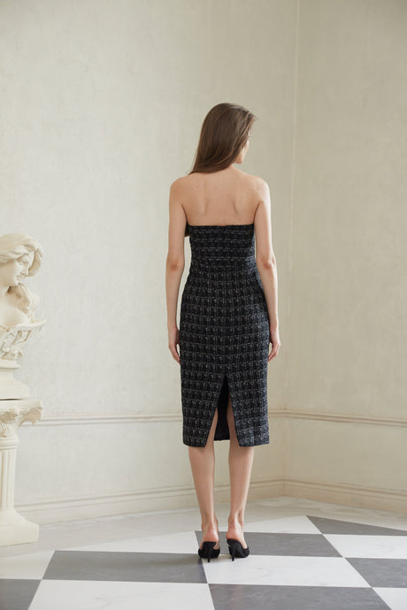 Aurohaya Rauha Black Plaid Weave Tweed Midi Dress