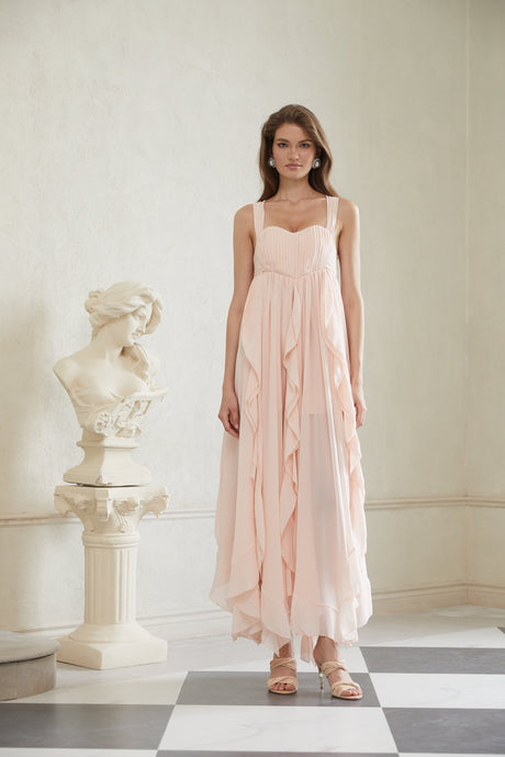 Aurohaya Eos Pink Ruffled Chiffon Maxi Dress