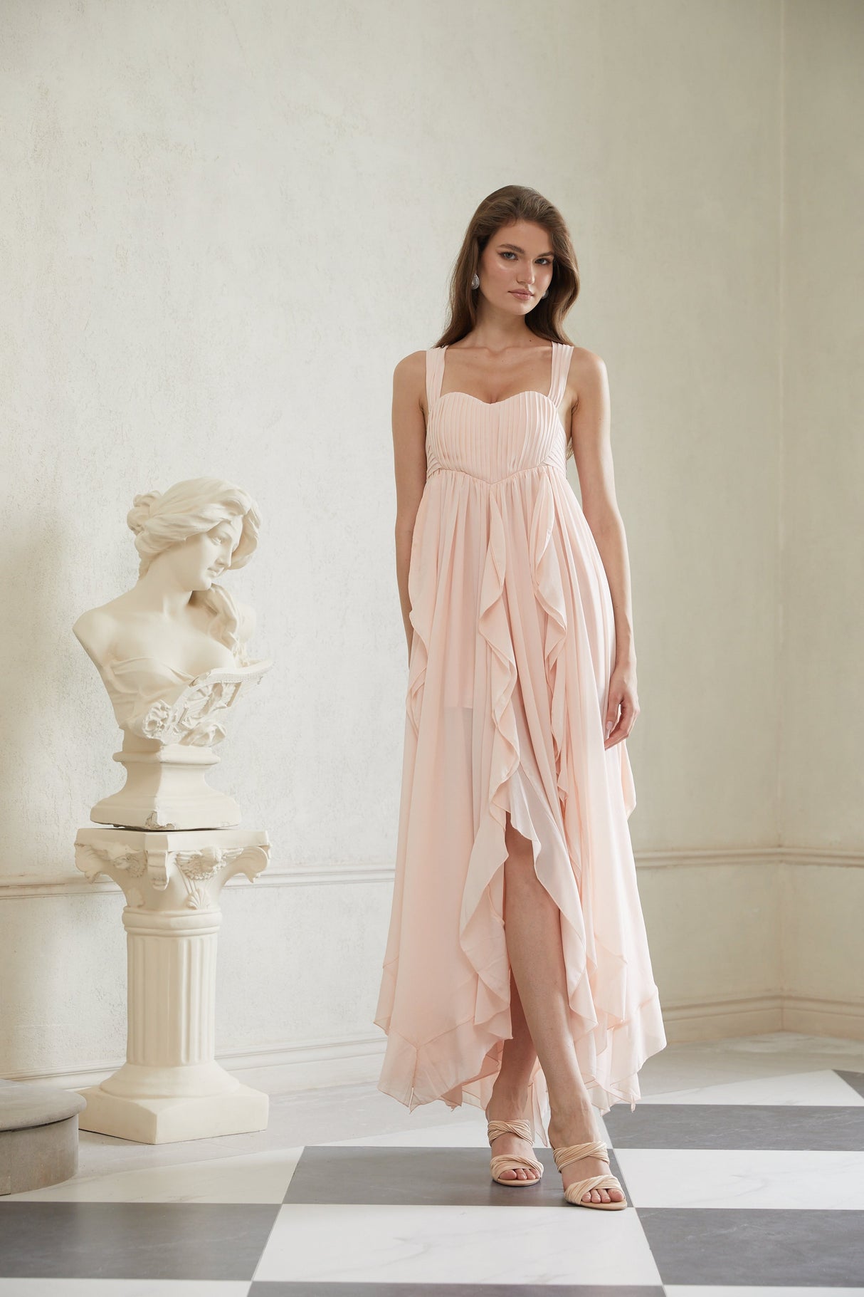 Aurohaya Eos Pink Ruffled Chiffon Maxi Dress