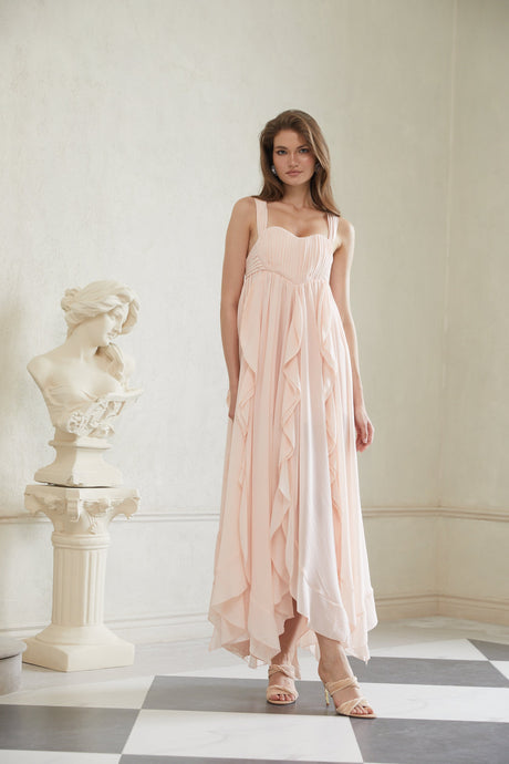 Aurohaya Eos Pink Ruffled Chiffon Maxi Dress