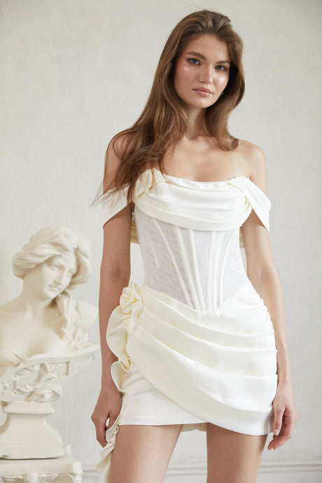 Aurohaya Adèle White Ruched Satin Mini Dress