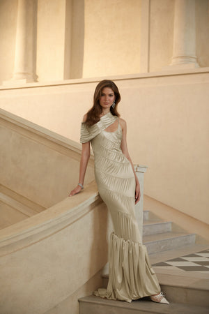 Aurohaya Cecilia Neutral Sea Ammonite Shirred Maxi Dress