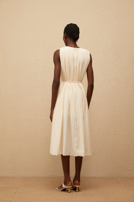 Aurohaya Célestine Neutral Sleeveless Pleated Midi Dress