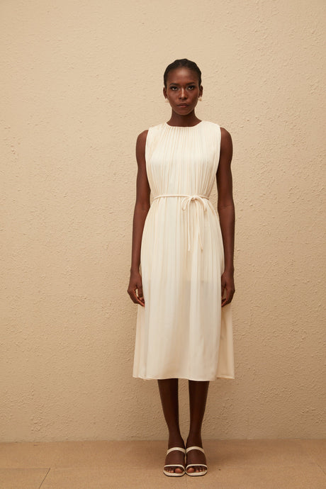 Aurohaya Célestine Neutral Sleeveless Pleated Midi Dress