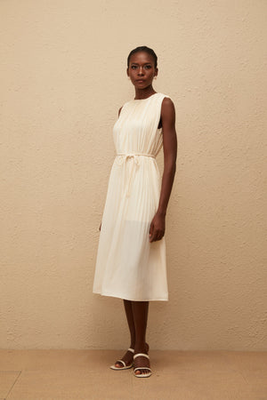 Aurohaya Célestine Neutral Sleeveless Pleated Midi Dress