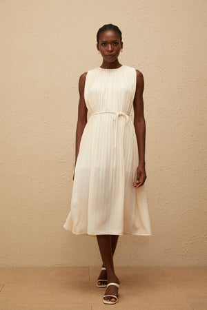 Aurohaya Célestine Neutral Sleeveless Pleated Midi Dress