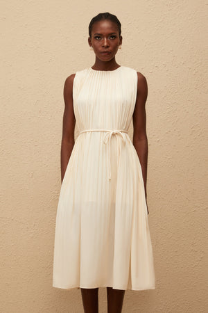 Aurohaya Célestine Neutral Sleeveless Pleated Midi Dress
