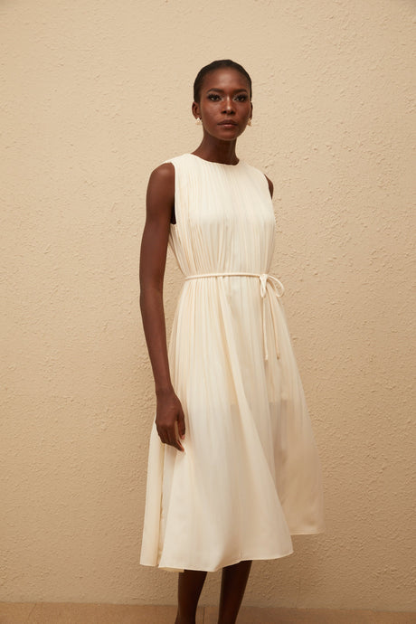 Aurohaya Célestine Neutral Sleeveless Pleated Midi Dress