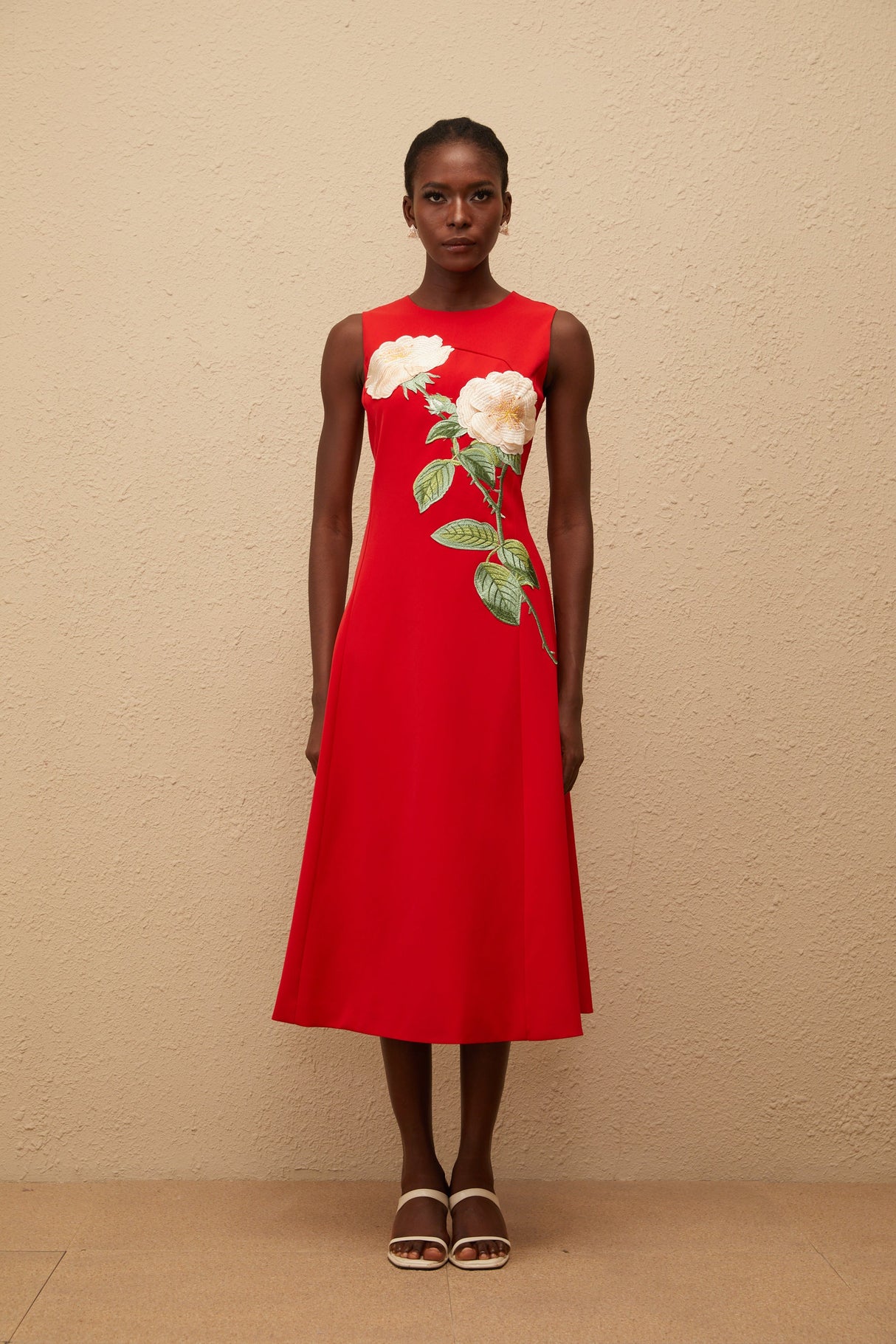 Aurohaya Mackenzie Red Floral Embroidered Midi Dress