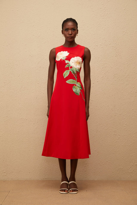 Aurohaya Mackenzie Red Floral Embroidered Midi Dress