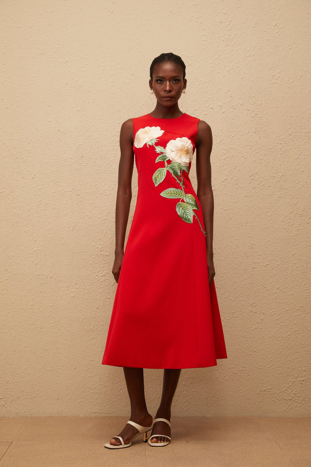 Aurohaya Mackenzie Red Floral Embroidered Midi Dress