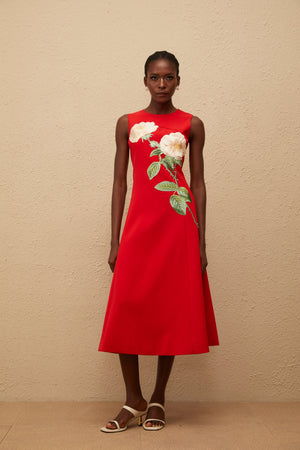 Aurohaya Mackenzie Red Floral Embroidered Midi Dress