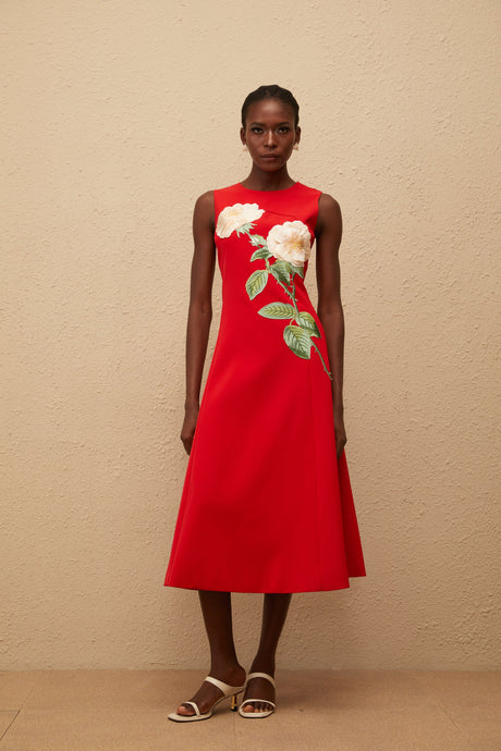 Aurohaya Mackenzie Red Floral Embroidered Midi Dress