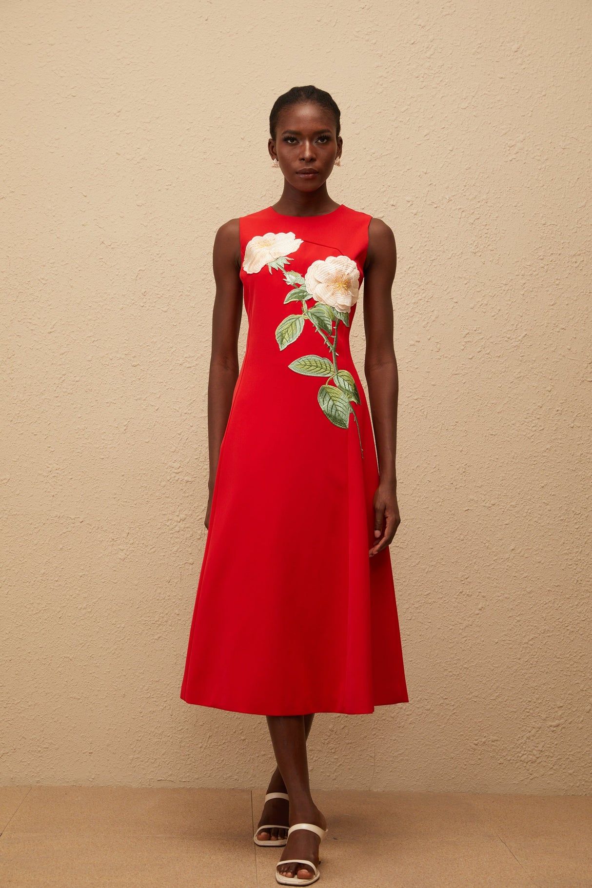Aurohaya Mackenzie Red Floral Embroidered Midi Dress