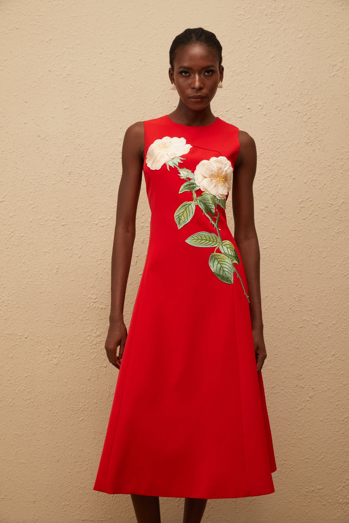 Aurohaya Mackenzie Red Floral Embroidered Midi Dress
