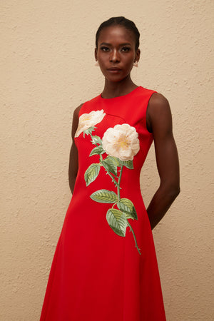 Aurohaya Mackenzie Red Floral Embroidered Midi Dress