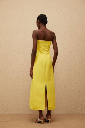Aurohaya Irène Sequin Embroidered Off-Shoulder Midi Dress in Yellow