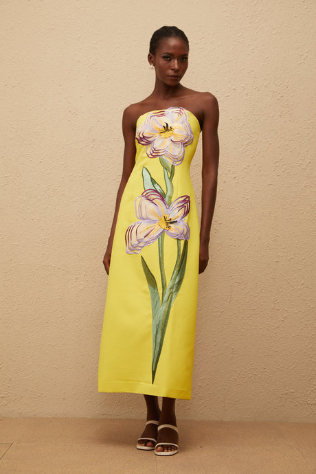 Aurohaya Irène Sequin Embroidered Off-Shoulder Midi Dress in Yellow
