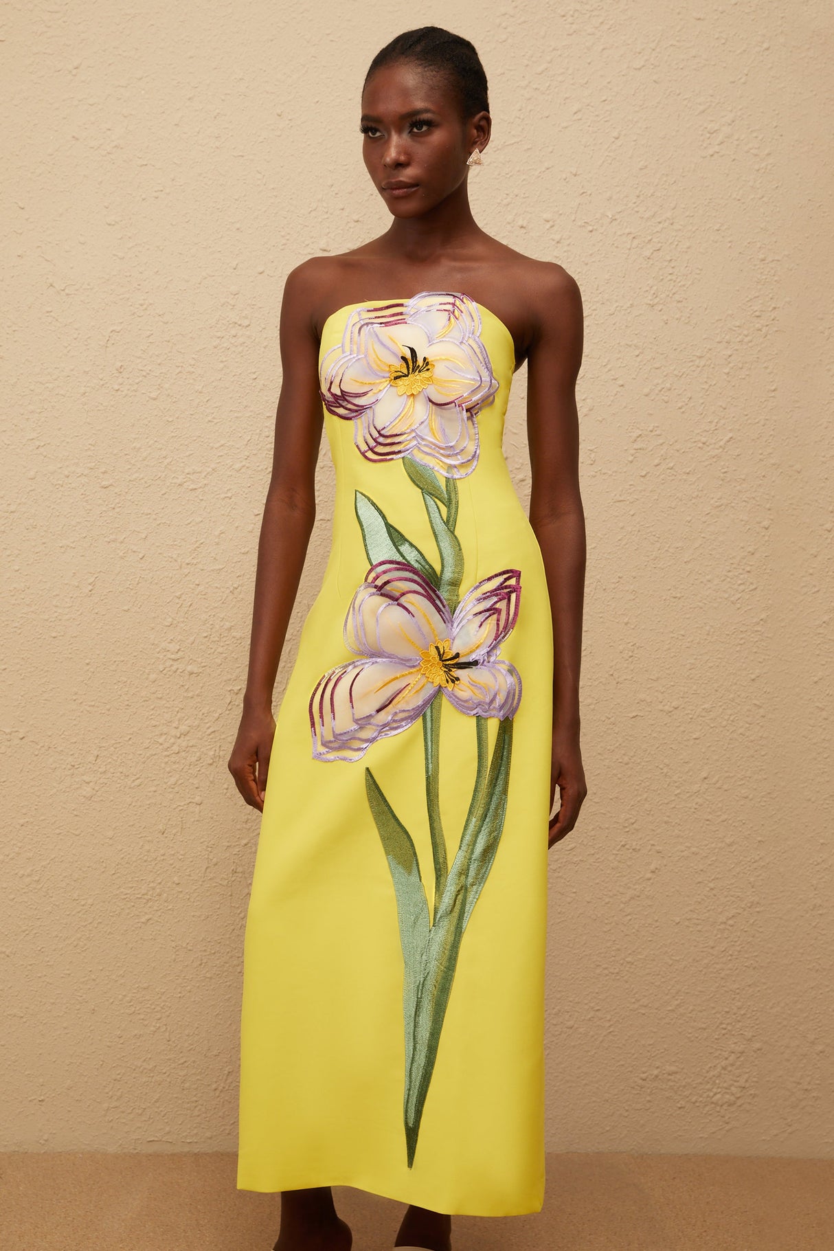 Aurohaya Irène Sequin Embroidered Off-Shoulder Midi Dress in Yellow