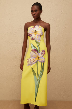 Aurohaya Irène Sequin Embroidered Off-Shoulder Midi Dress in Yellow