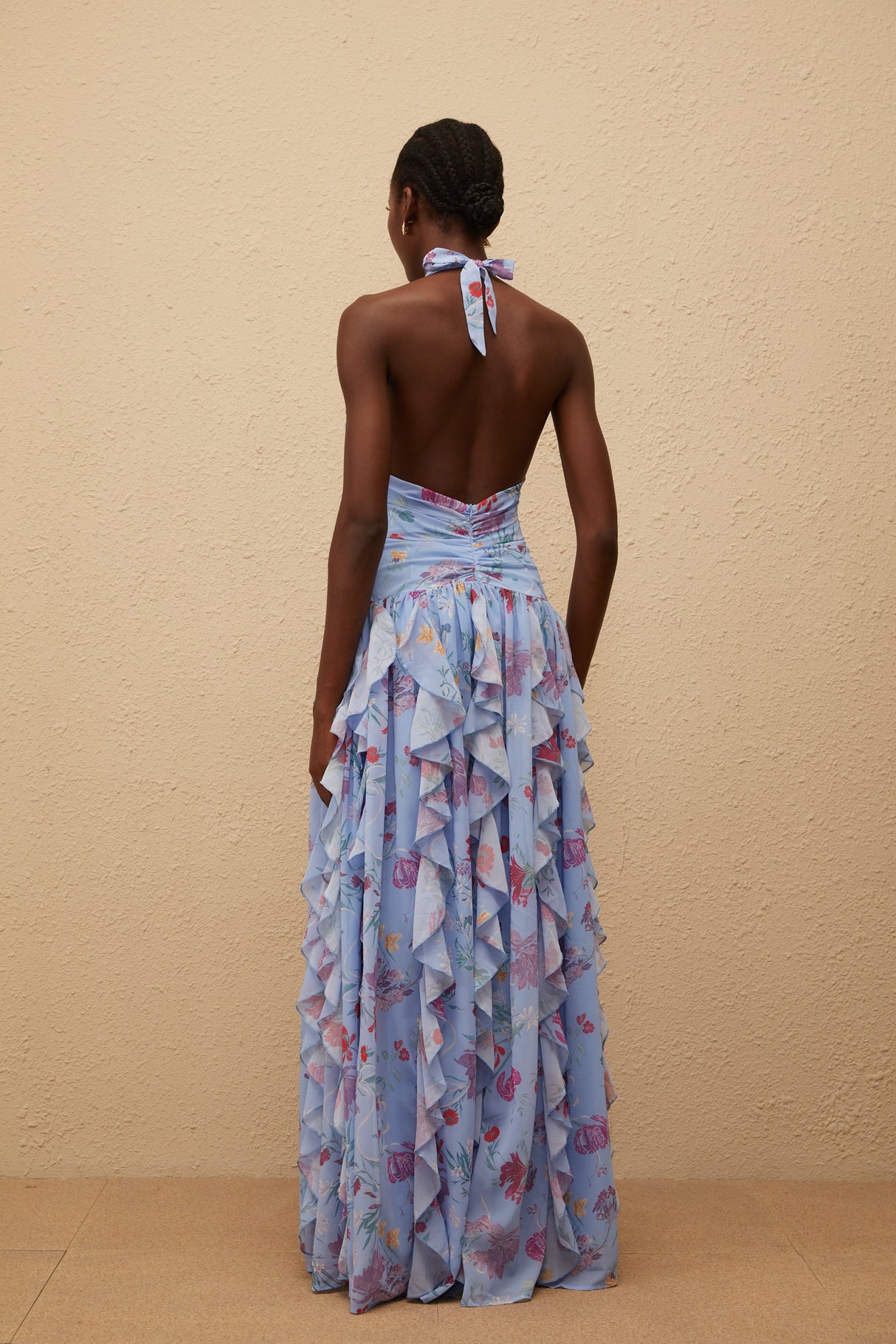 Aurohaya Thaïs Blue Ruffled Floral Print Maxi Dress