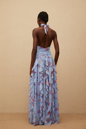 Aurohaya Thaïs Blue Ruffled Floral Print Maxi Dress