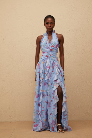 Aurohaya Thaïs Blue Ruffled Floral Print Maxi Dress