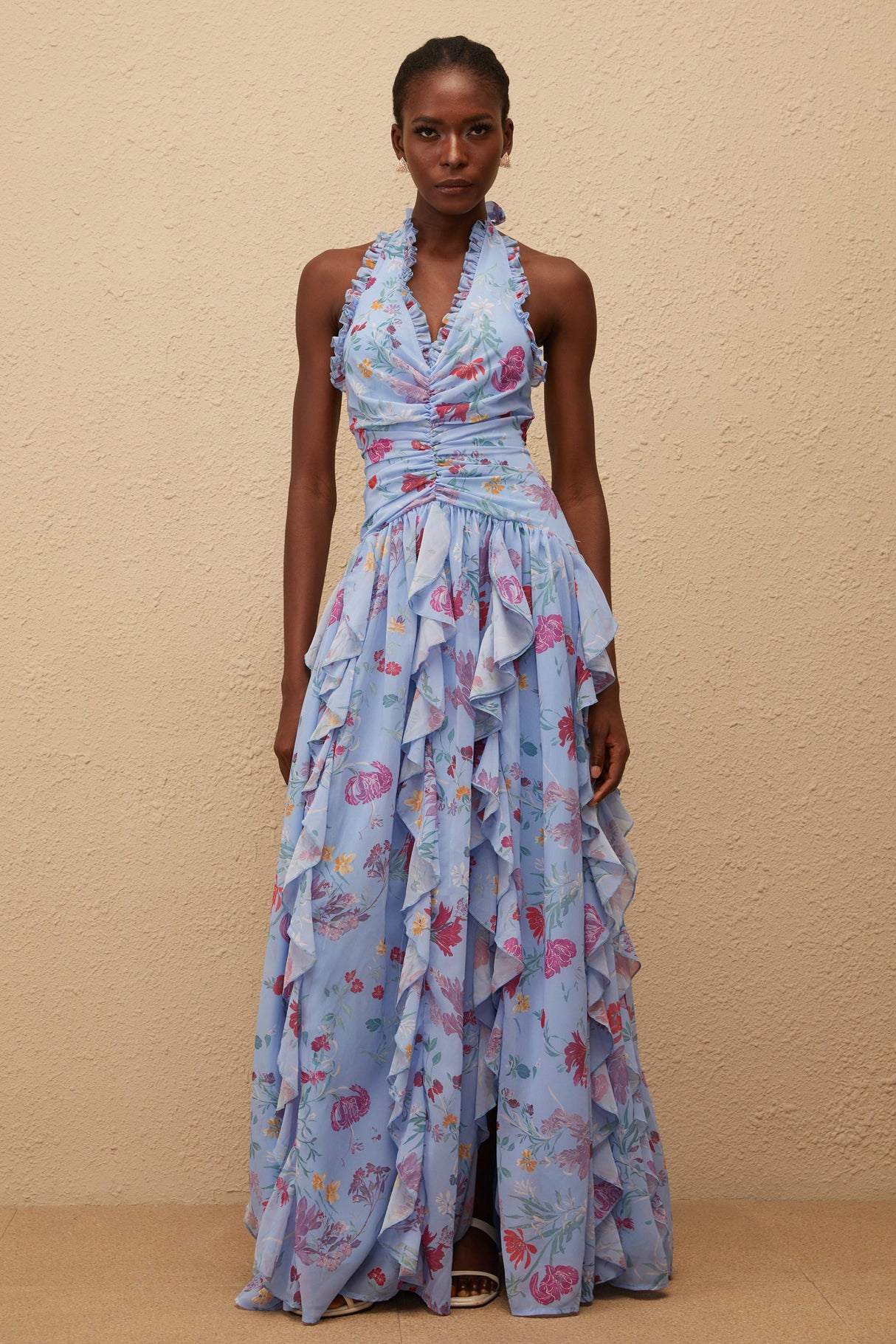 Aurohaya Thaïs Blue Ruffled Floral Print Maxi Dress