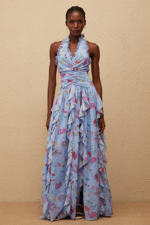 Aurohaya Thaïs Blue Ruffled Floral Print Maxi Dress