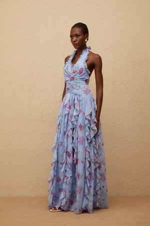 Aurohaya Thaïs Blue Ruffled Floral Print Maxi Dress