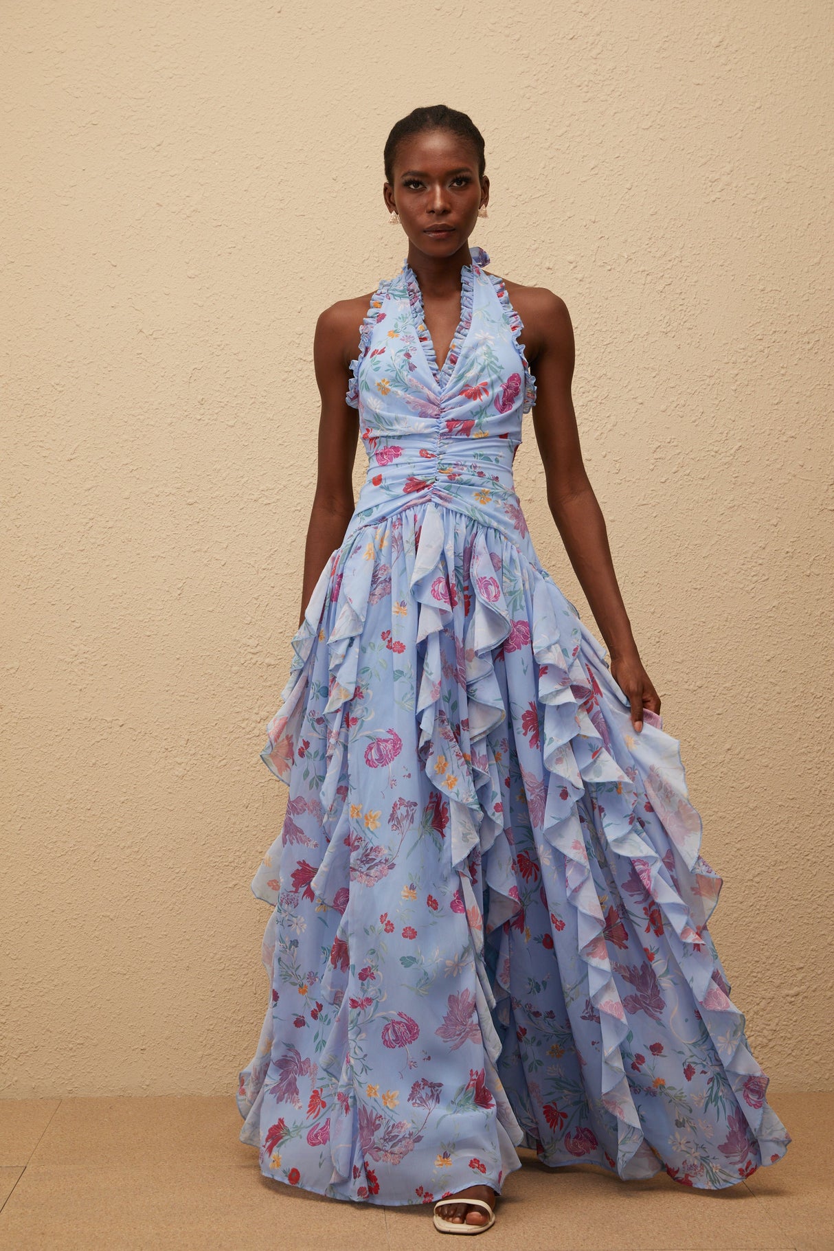 Aurohaya Thaïs Blue Ruffled Floral Print Maxi Dress