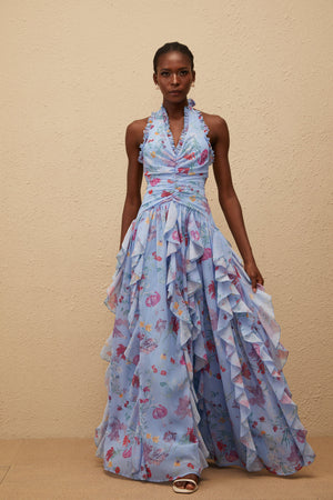 Aurohaya Thaïs Blue Ruffled Floral Print Maxi Dress