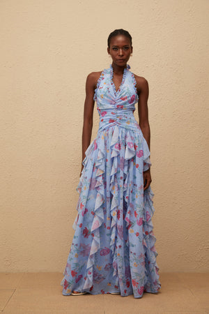 Aurohaya Thaïs Blue Ruffled Floral Print Maxi Dress