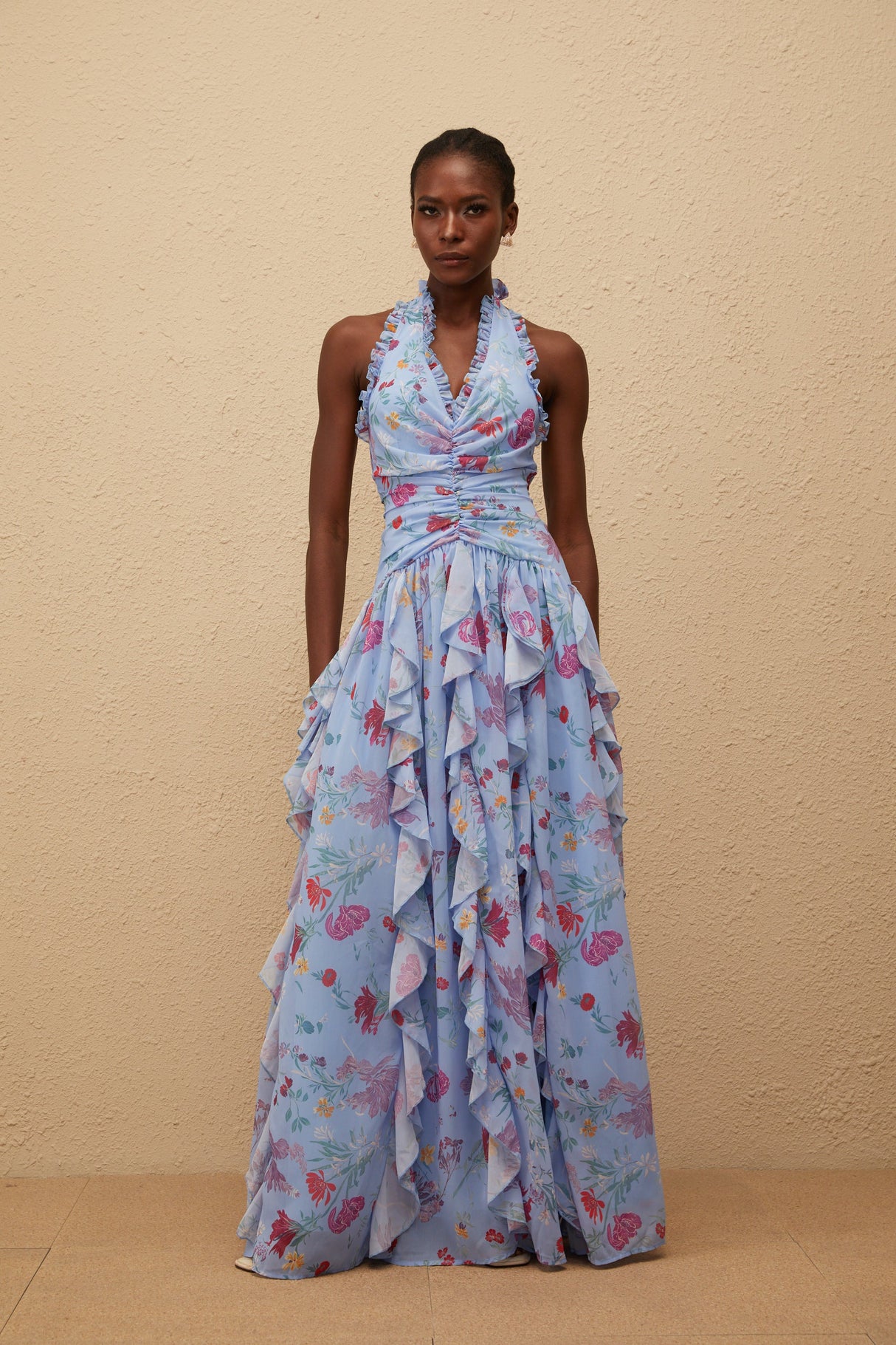 Aurohaya Thaïs Blue Ruffled Floral Print Maxi Dress
