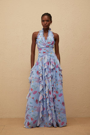 Aurohaya Thaïs Blue Ruffled Floral Print Maxi Dress