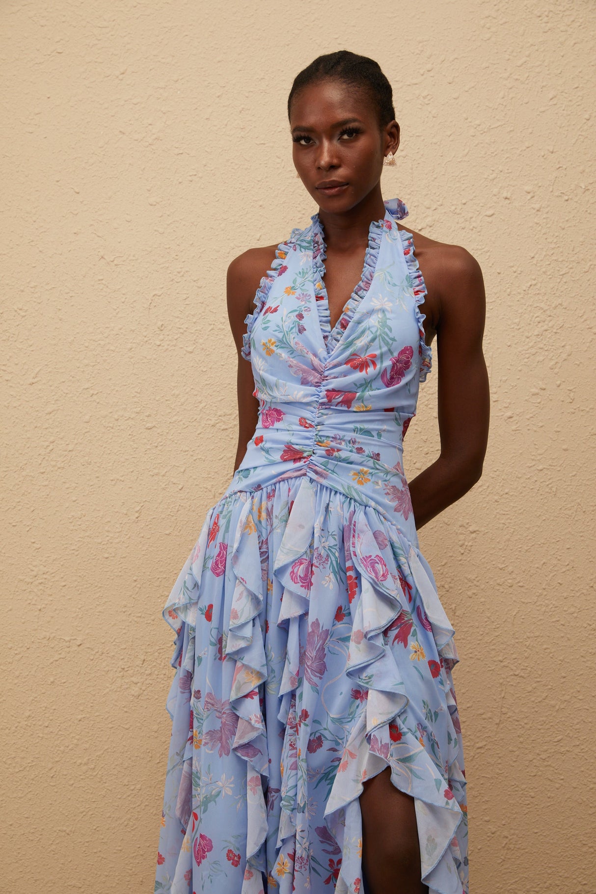 Aurohaya Thaïs Blue Ruffled Floral Print Maxi Dress