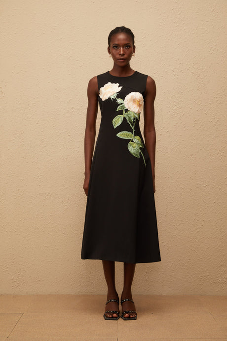 Aurohaya Mackenzie Black Floral Embroidered Midi Dress