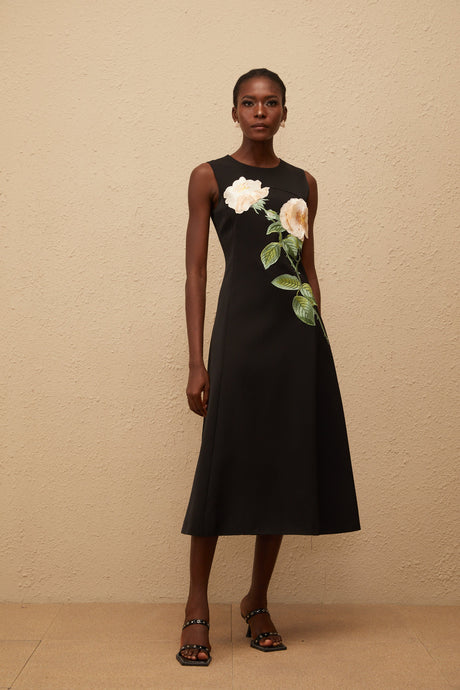 Aurohaya Mackenzie Black Floral Embroidered Midi Dress