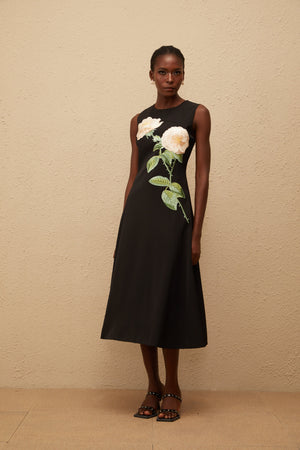 Aurohaya Mackenzie Black Floral Embroidered Midi Dress