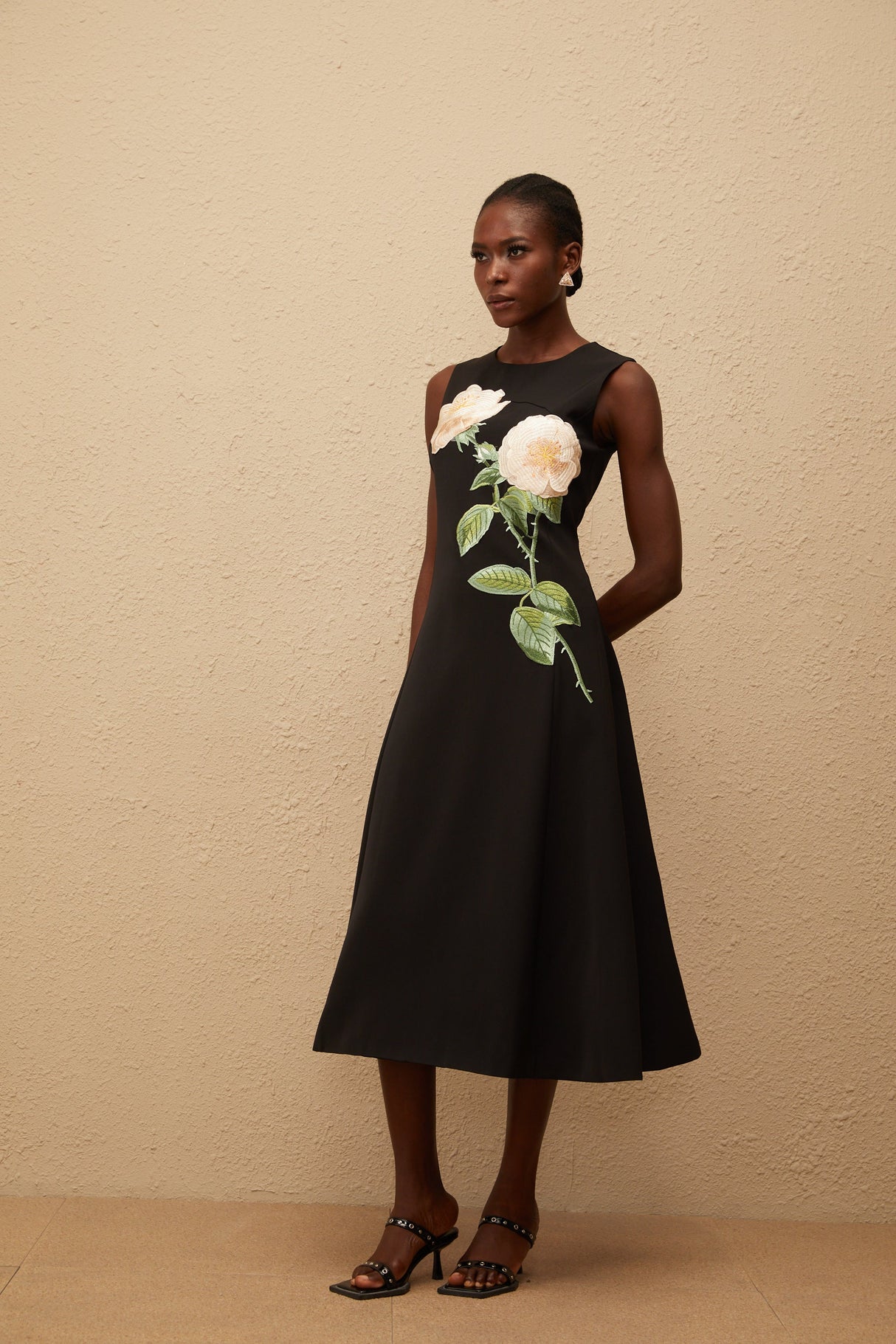 Aurohaya Mackenzie Black Floral Embroidered Midi Dress