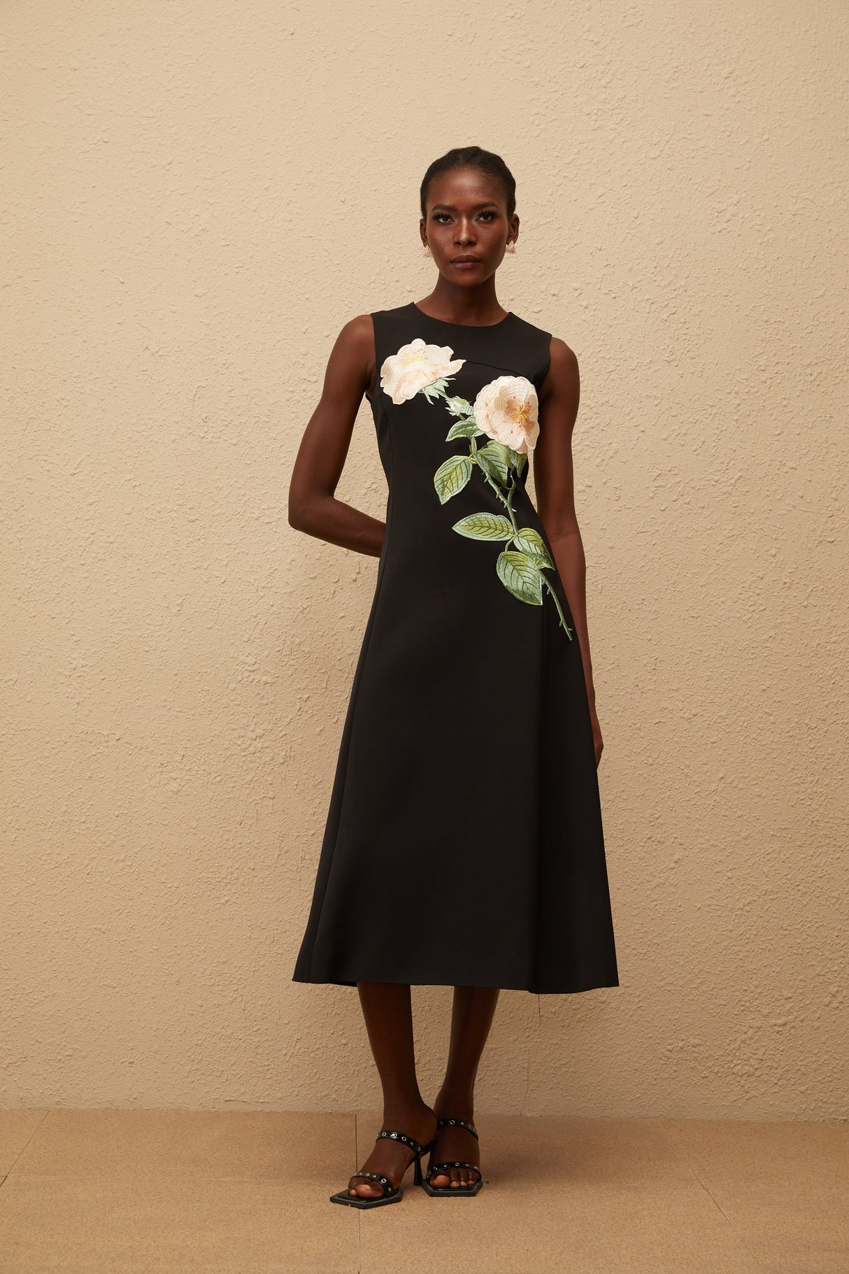 Aurohaya Mackenzie Black Floral Embroidered Midi Dress